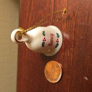 VINTAGE Miniature Ceramic Holiday Bell Ornament with Holly Design "NANCY"